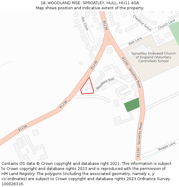 18, WOODLAND RISE, SPROATLEY, HULL, HU11 4GA: Location map and indicative extent of plot