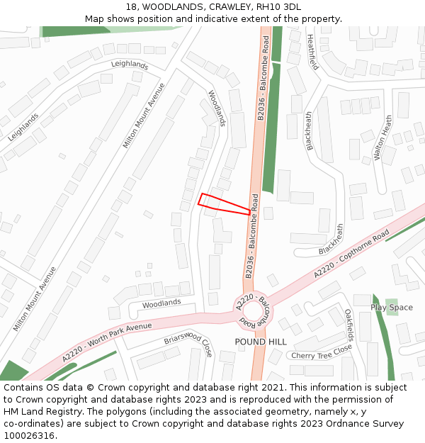 18, WOODLANDS, CRAWLEY, RH10 3DL: Location map and indicative extent of plot