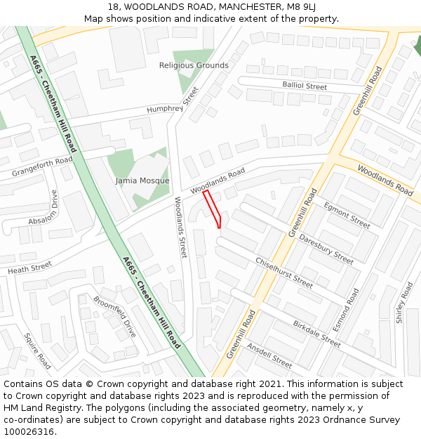 18, WOODLANDS ROAD, MANCHESTER, M8 9LJ: Location map and indicative extent of plot