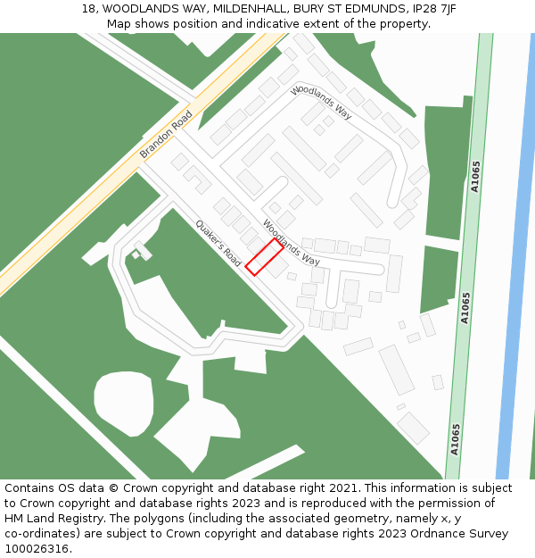 18, WOODLANDS WAY, MILDENHALL, BURY ST EDMUNDS, IP28 7JF: Location map and indicative extent of plot