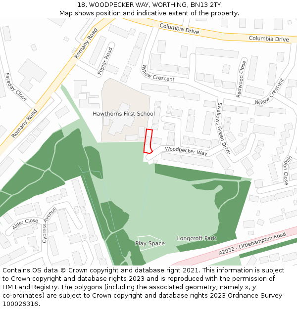 18, WOODPECKER WAY, WORTHING, BN13 2TY: Location map and indicative extent of plot