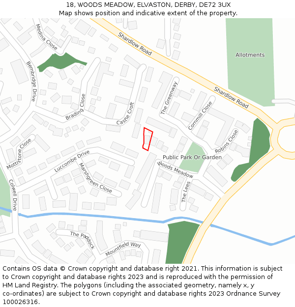 18, WOODS MEADOW, ELVASTON, DERBY, DE72 3UX: Location map and indicative extent of plot