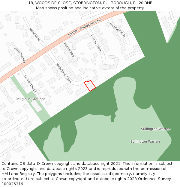 18, WOODSIDE CLOSE, STORRINGTON, PULBOROUGH, RH20 3NR: Location map and indicative extent of plot