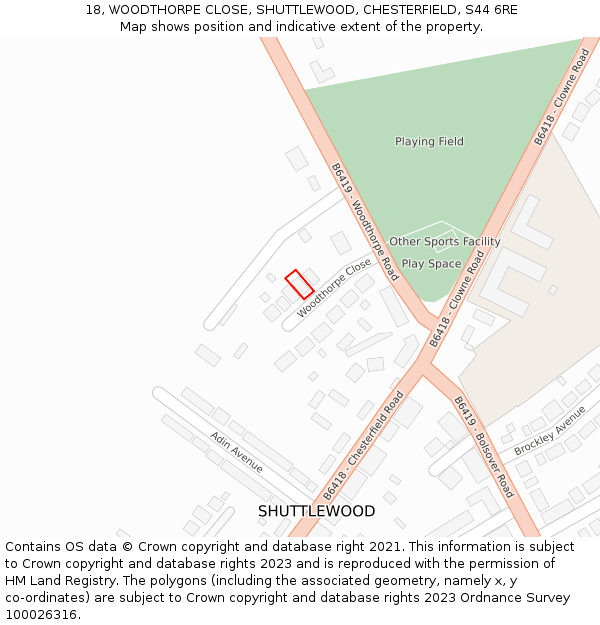 18, WOODTHORPE CLOSE, SHUTTLEWOOD, CHESTERFIELD, S44 6RE: Location map and indicative extent of plot