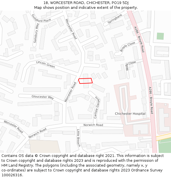 18, WORCESTER ROAD, CHICHESTER, PO19 5DJ: Location map and indicative extent of plot