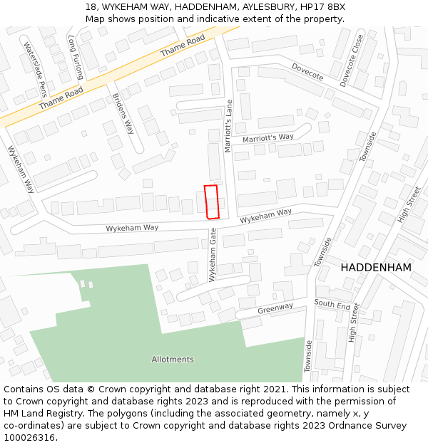 18, WYKEHAM WAY, HADDENHAM, AYLESBURY, HP17 8BX: Location map and indicative extent of plot