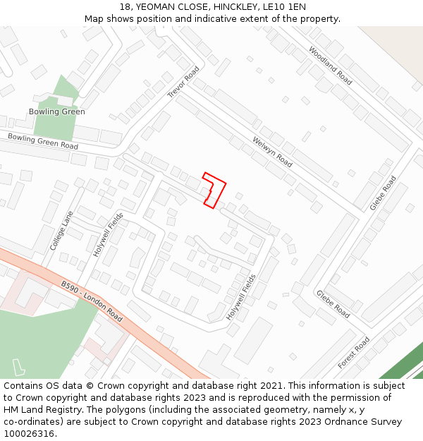 18, YEOMAN CLOSE, HINCKLEY, LE10 1EN: Location map and indicative extent of plot