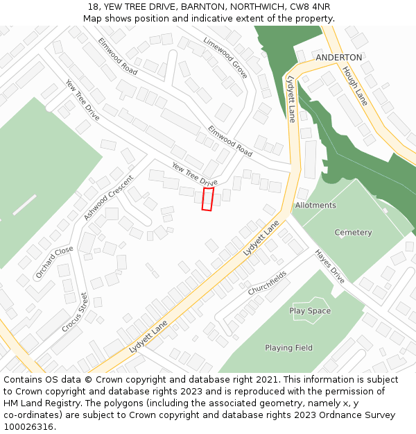 18, YEW TREE DRIVE, BARNTON, NORTHWICH, CW8 4NR: Location map and indicative extent of plot