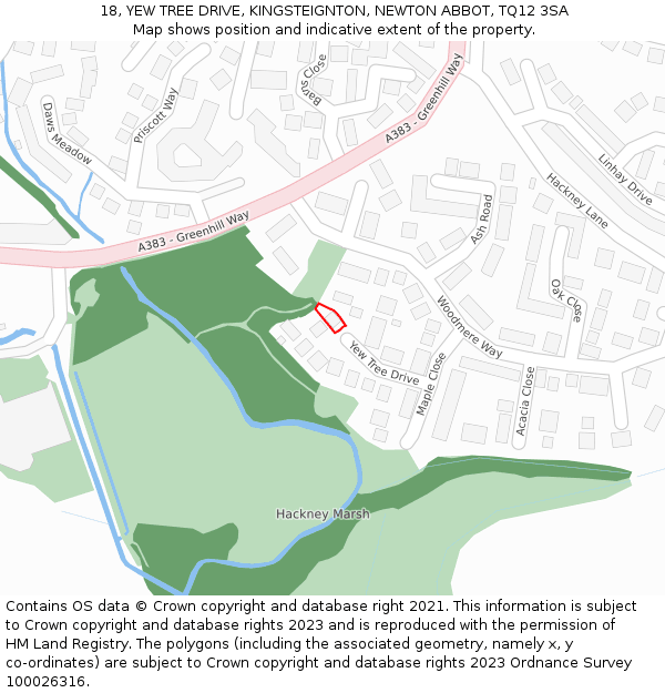18, YEW TREE DRIVE, KINGSTEIGNTON, NEWTON ABBOT, TQ12 3SA: Location map and indicative extent of plot