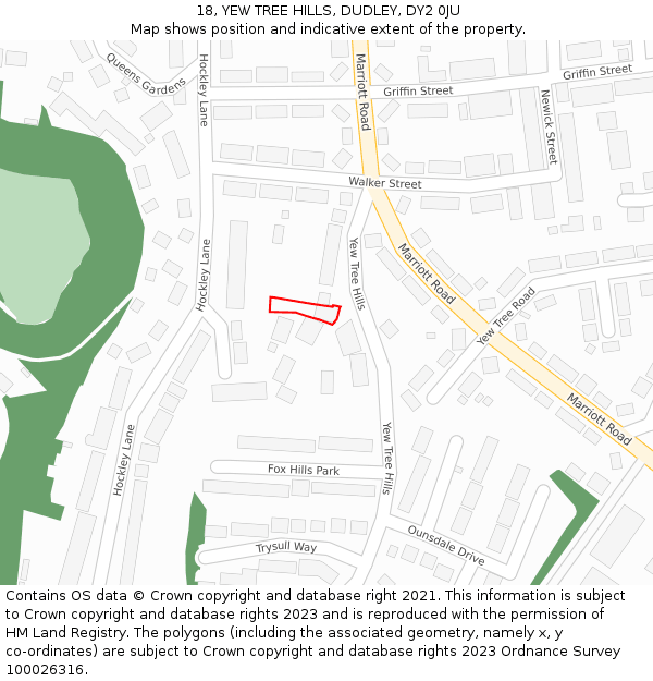 18, YEW TREE HILLS, DUDLEY, DY2 0JU: Location map and indicative extent of plot