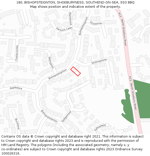 180, BISHOPSTEIGNTON, SHOEBURYNESS, SOUTHEND-ON-SEA, SS3 8BQ: Location map and indicative extent of plot