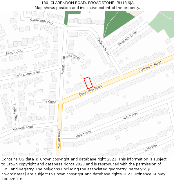 180, CLARENDON ROAD, BROADSTONE, BH18 9JA: Location map and indicative extent of plot