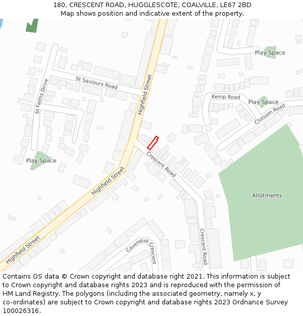 180, CRESCENT ROAD, HUGGLESCOTE, COALVILLE, LE67 2BD: Location map and indicative extent of plot