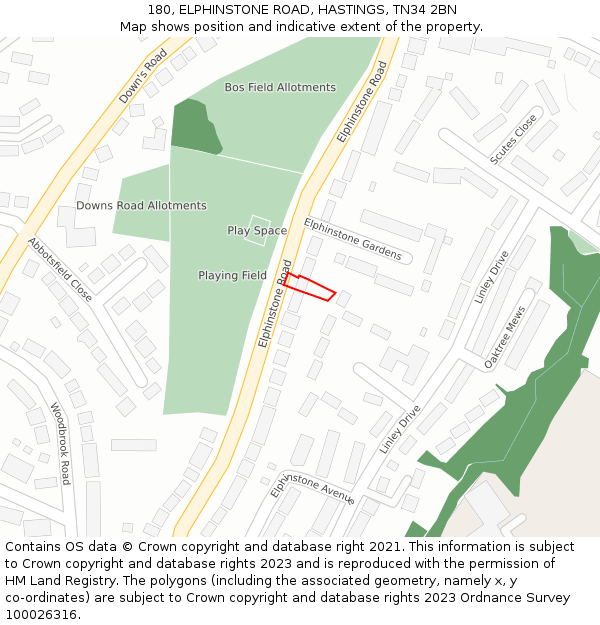 180, ELPHINSTONE ROAD, HASTINGS, TN34 2BN: Location map and indicative extent of plot