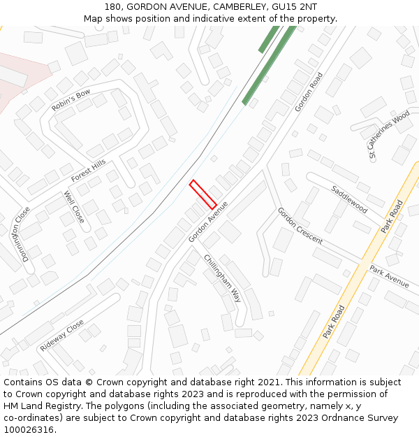 180, GORDON AVENUE, CAMBERLEY, GU15 2NT: Location map and indicative extent of plot