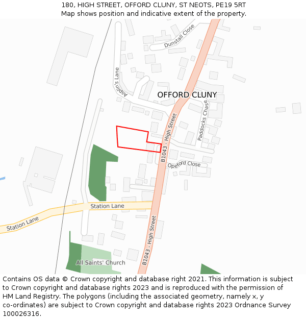 180, HIGH STREET, OFFORD CLUNY, ST NEOTS, PE19 5RT: Location map and indicative extent of plot