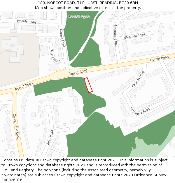 180, NORCOT ROAD, TILEHURST, READING, RG30 6BN: Location map and indicative extent of plot