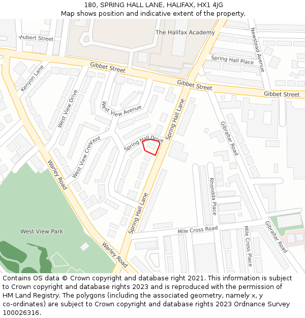 180, SPRING HALL LANE, HALIFAX, HX1 4JG: Location map and indicative extent of plot