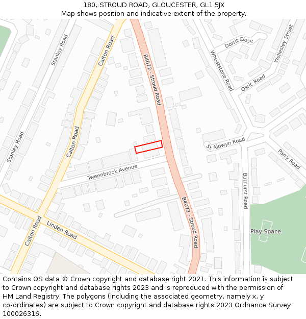 180, STROUD ROAD, GLOUCESTER, GL1 5JX: Location map and indicative extent of plot