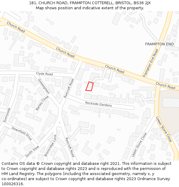 181, CHURCH ROAD, FRAMPTON COTTERELL, BRISTOL, BS36 2JX: Location map and indicative extent of plot