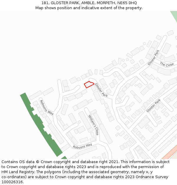 181, GLOSTER PARK, AMBLE, MORPETH, NE65 0HQ: Location map and indicative extent of plot