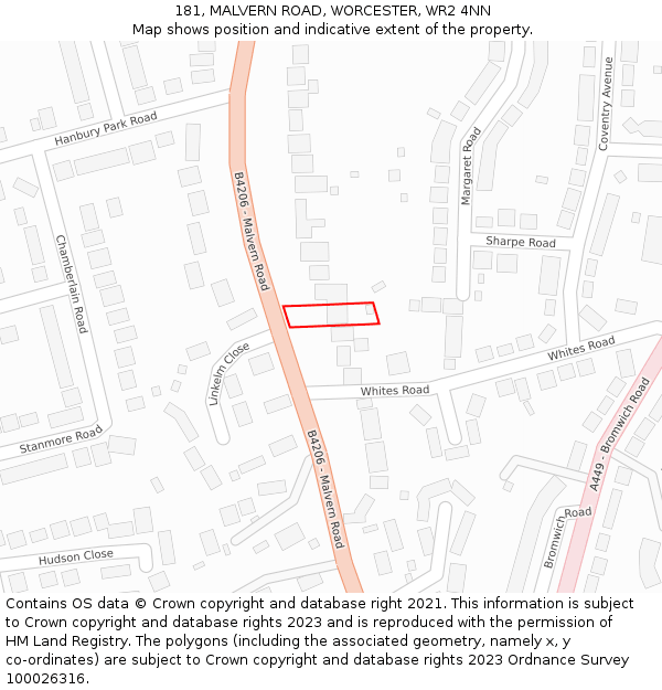 181, MALVERN ROAD, WORCESTER, WR2 4NN: Location map and indicative extent of plot