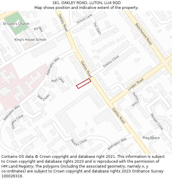 181, OAKLEY ROAD, LUTON, LU4 9QD: Location map and indicative extent of plot