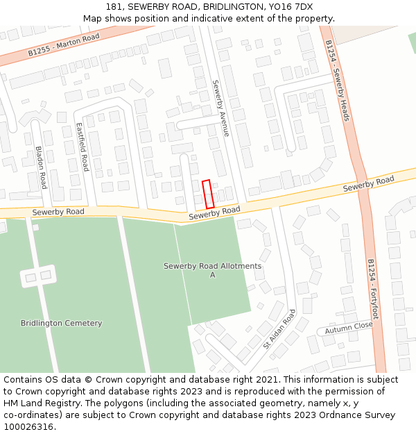 181, SEWERBY ROAD, BRIDLINGTON, YO16 7DX: Location map and indicative extent of plot