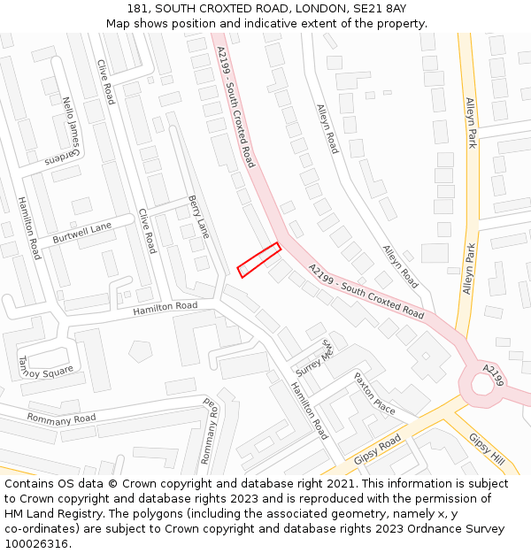 181, SOUTH CROXTED ROAD, LONDON, SE21 8AY: Location map and indicative extent of plot