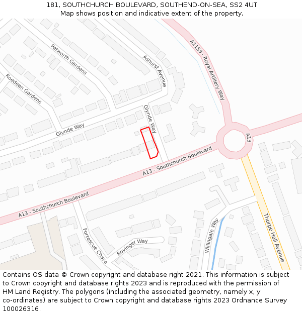 181, SOUTHCHURCH BOULEVARD, SOUTHEND-ON-SEA, SS2 4UT: Location map and indicative extent of plot