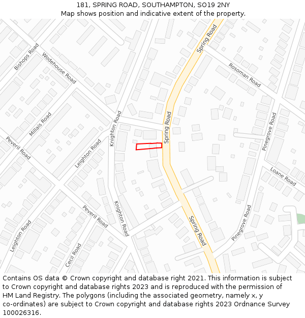 181, SPRING ROAD, SOUTHAMPTON, SO19 2NY: Location map and indicative extent of plot