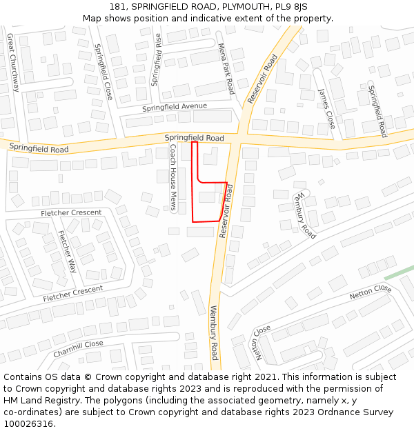 181, SPRINGFIELD ROAD, PLYMOUTH, PL9 8JS: Location map and indicative extent of plot