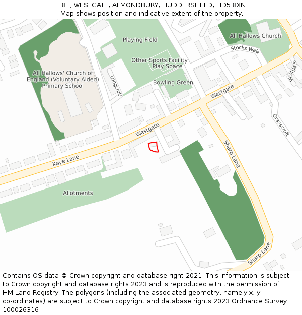 181, WESTGATE, ALMONDBURY, HUDDERSFIELD, HD5 8XN: Location map and indicative extent of plot