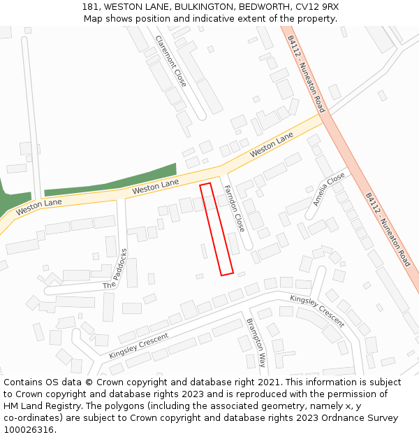 181, WESTON LANE, BULKINGTON, BEDWORTH, CV12 9RX: Location map and indicative extent of plot