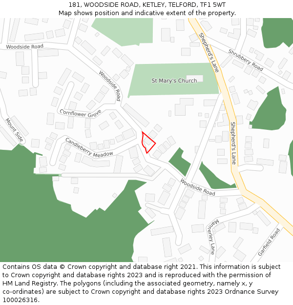 181, WOODSIDE ROAD, KETLEY, TELFORD, TF1 5WT: Location map and indicative extent of plot