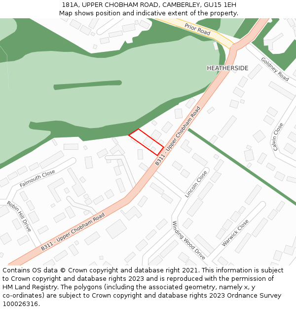 181A, UPPER CHOBHAM ROAD, CAMBERLEY, GU15 1EH: Location map and indicative extent of plot