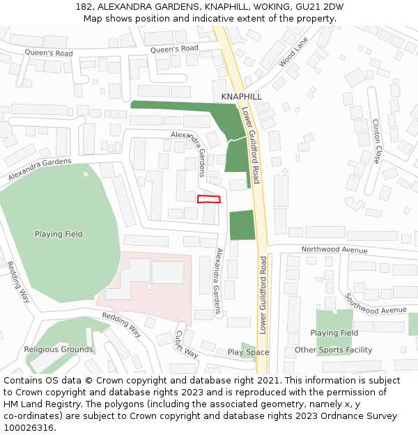 182, ALEXANDRA GARDENS, KNAPHILL, WOKING, GU21 2DW: Location map and indicative extent of plot