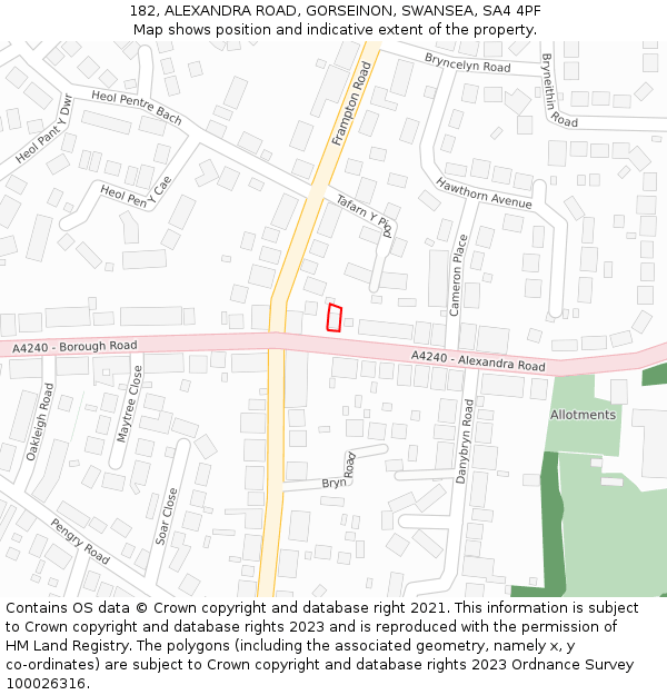 182, ALEXANDRA ROAD, GORSEINON, SWANSEA, SA4 4PF: Location map and indicative extent of plot