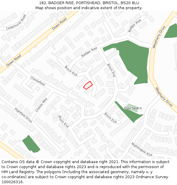 182, BADGER RISE, PORTISHEAD, BRISTOL, BS20 8LU: Location map and indicative extent of plot