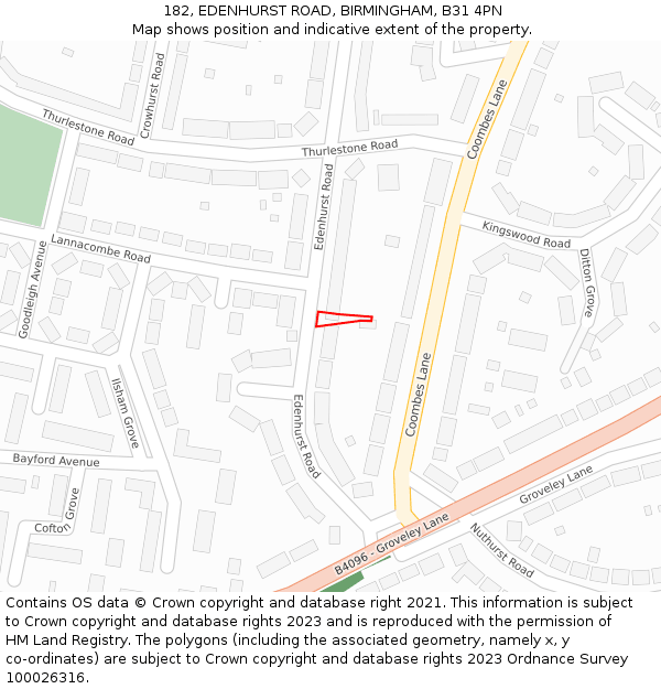 182, EDENHURST ROAD, BIRMINGHAM, B31 4PN: Location map and indicative extent of plot