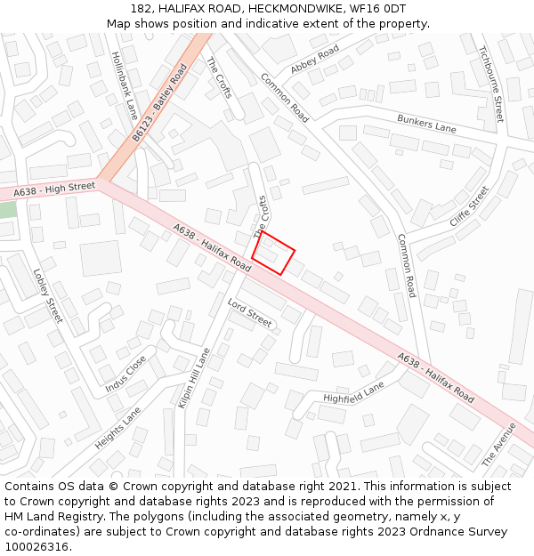 182, HALIFAX ROAD, HECKMONDWIKE, WF16 0DT: Location map and indicative extent of plot