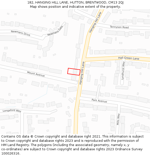 182, HANGING HILL LANE, HUTTON, BRENTWOOD, CM13 2QJ: Location map and indicative extent of plot