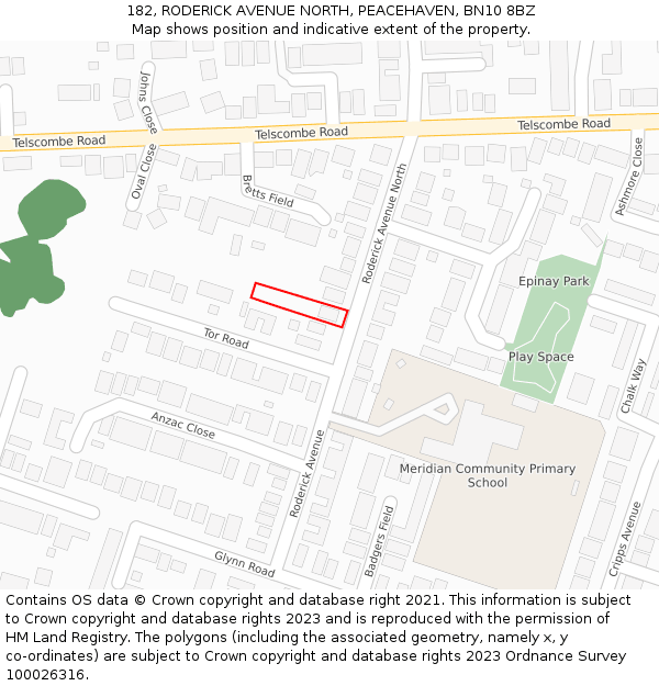 182, RODERICK AVENUE NORTH, PEACEHAVEN, BN10 8BZ: Location map and indicative extent of plot