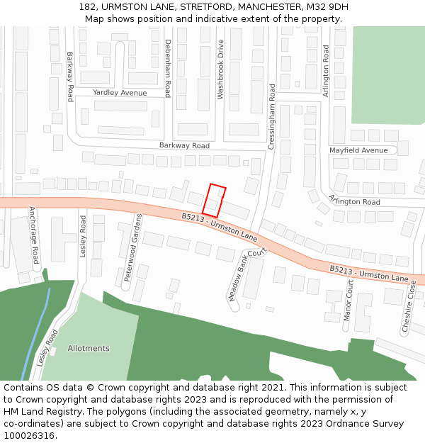 182, URMSTON LANE, STRETFORD, MANCHESTER, M32 9DH: Location map and indicative extent of plot