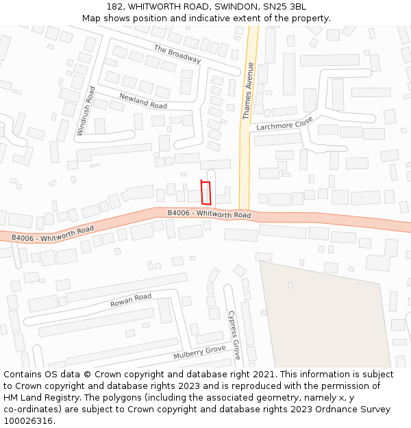 182, WHITWORTH ROAD, SWINDON, SN25 3BL: Location map and indicative extent of plot