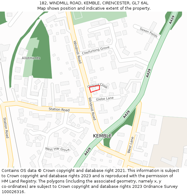 182, WINDMILL ROAD, KEMBLE, CIRENCESTER, GL7 6AL: Location map and indicative extent of plot