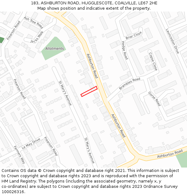 183, ASHBURTON ROAD, HUGGLESCOTE, COALVILLE, LE67 2HE: Location map and indicative extent of plot