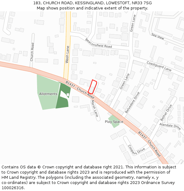 183, CHURCH ROAD, KESSINGLAND, LOWESTOFT, NR33 7SG: Location map and indicative extent of plot