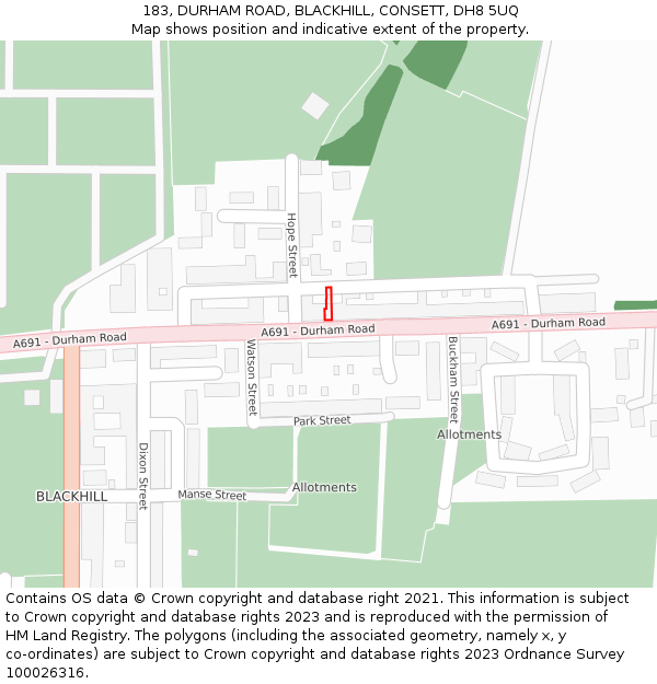 183, DURHAM ROAD, BLACKHILL, CONSETT, DH8 5UQ: Location map and indicative extent of plot