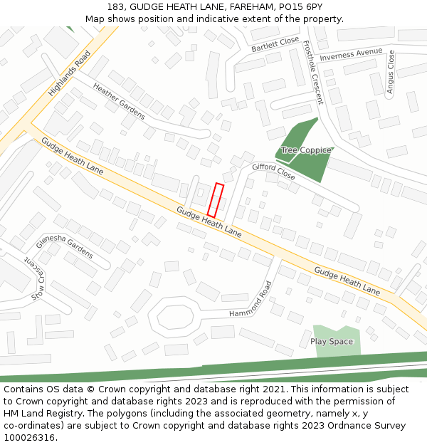 183, GUDGE HEATH LANE, FAREHAM, PO15 6PY: Location map and indicative extent of plot